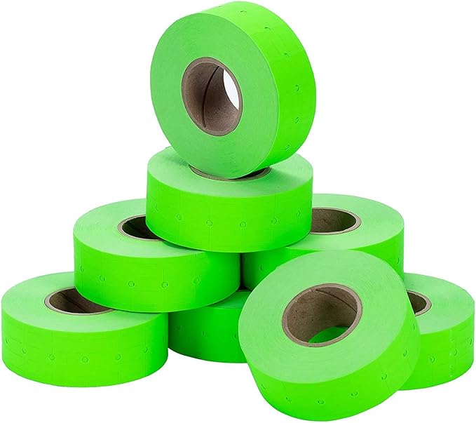 Perco 2 Line Fluorescent Green Labels - 8 Rolls, 1 Sleeve, 6,000 Blank Price and Date Gun Labels for Perco 2 Line Price and Date Guns - Made in USA