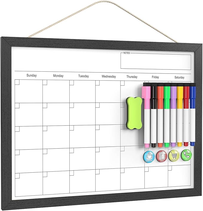 Dry Erase Calendar for Wall, 17x13 Inches Calendar Whiteboard for Wall, Small Magnetic White Board with Wood Frame, Hanging Dry Erase Board for Wall Planner Office Kitchen Home Memo