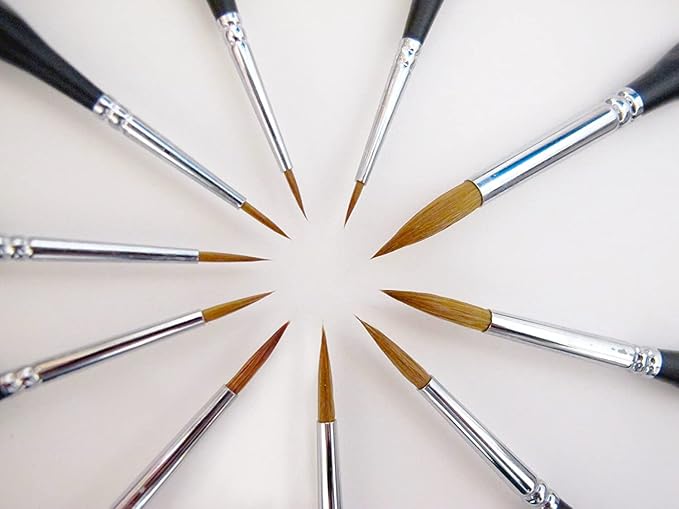 Kolinsky Sable Watercolor Brushes, 10pcs Sable Detail Paint Brush Set Will Keep a Fine Tip Point and Spring for Watercolor Acrylic Gouache, Miniature, Nail Art & Models