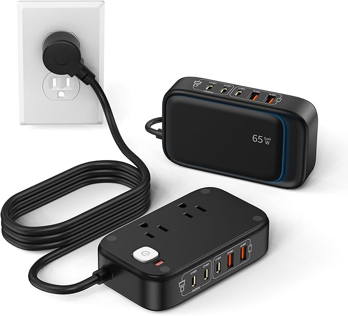 USB C Power Strip 65W, Outlet Extender with 2 AC Ports, 3 USB-C Ports, 2 USB-A Ports, Surge Protector GaN USB Charger Station for Laptop/Phone and More