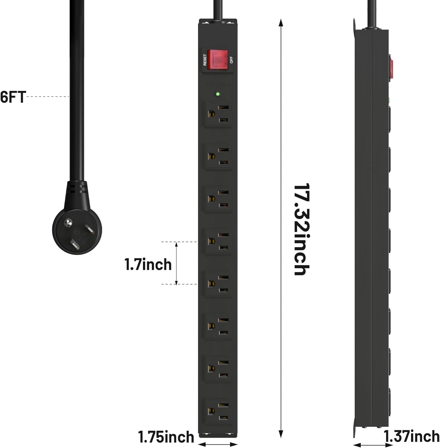 KF 8 Outlet Heavy Duty Power Strip Surge Protector, 2100J Surge Protection Metal Power Strip, 15A/1875W Mountable Power Strips with Upgraded Switch, 14AWG 6FT Extension Cord, Black