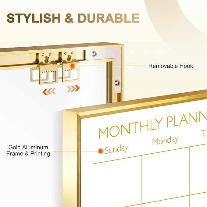 Magnetic Dry Erase Calendar Board for Wall - 24'' x 18'' Monthly Calendar Whiteboard - Gold Aluminum Frame
