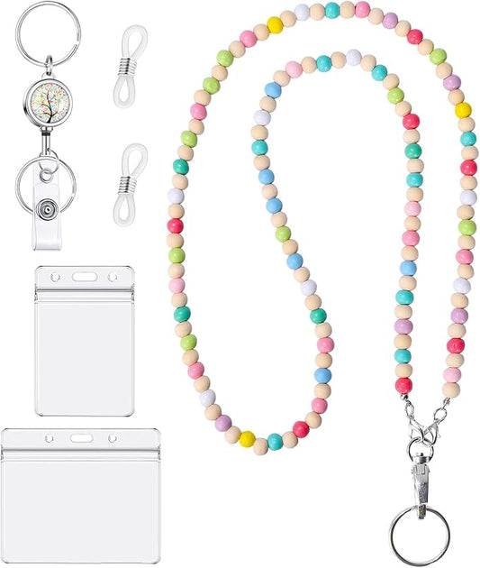 BESARME Teacher Lanyard with ID Holder Colorful Cute Wooden Beaded Lanyards for ID Badge Holders Retractable Badge Reel Keys Eyeglass Chains for Women