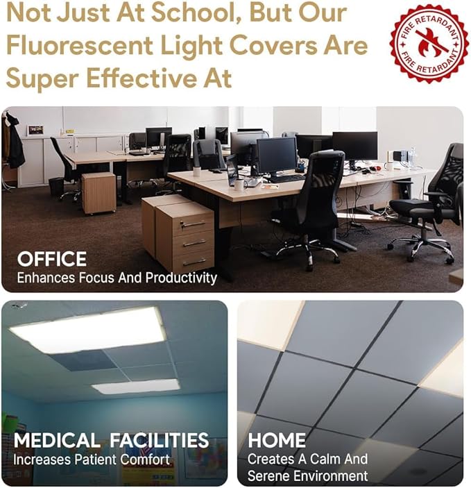 Fluorescent Light Covers for Ceiling Lights - Flicker & Glare Reducing Filters for Ceiling Lights - Overhead Light Covers - Light Covers for Classroom and Office - 48" x 24", Off-White (8 Pack)