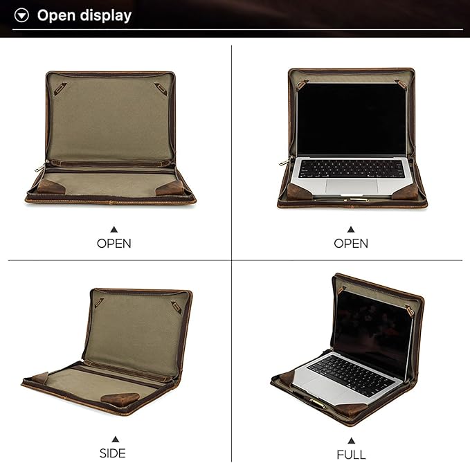 Top Grain Leather 13.3" Slim Laptop Zipper Folio Case Bag, Retro Design Handmade & 2 Pockets, Compatible with MacBook Pro 13.3" MacBook Air M1/M2 ZENBOOK 13.3" & Other PC, Coffee 13.3 Inch