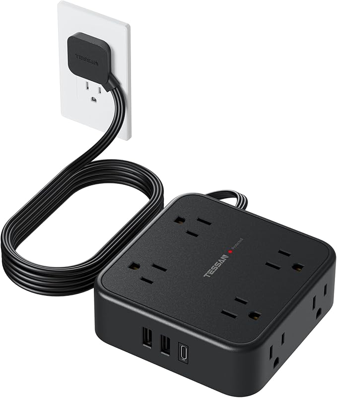 Surge Protector Flat Plug Power Strip, Black Extension Cord, 8 AC Outlets, 3 USB Charger(1 USB C Port) 3 Side Outlet Extender, 5 Ft, 900 Joules Protection, Office Supplies, Dorm Room Essentials
