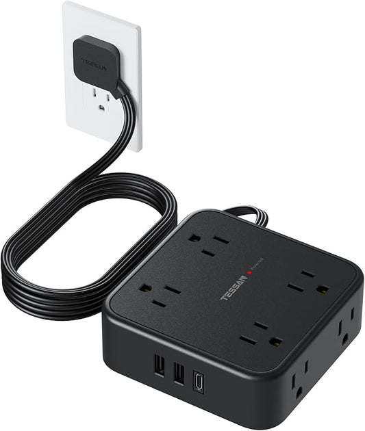 Surge Protector Flat Plug Power Strip, Black Extension Cord, 8 AC Outlets, 3 USB Charger(1 USB C Port) 3 Side Outlet Extender, 5 Ft, 900 Joules Protection, Office Supplies, Dorm Room Essentials