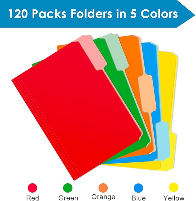 120-Pack Two Tone Color File Folders 8.5 x 11 Inch，1/3 Cut Tab File Folders Letter Size, Assorted Colors, Blue Red Green Yellow Orange Manila File Folders, School Business Office Folders for Document
