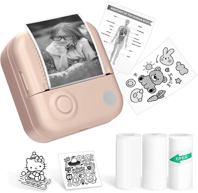 Mini Printer,Thermal Printers Sticker Maker with 3 Rolls Paper,Portable Wireless Bluetooth Inkless Printer, Recharge Pocket Label Maker, Small Printer for Scrapbook Supplies,Photo, Pink