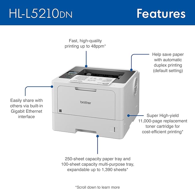 Brother HL-L5210DN Business Monochrome Laser Printer with Duplex Printing, Versatile Paper Handling, Mobile Printing, and Gigabit Ethernet Networking (Renewed Premium)
