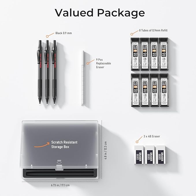 Nicpro 0.9 Metal Mechanical Pencil Set with Case, 3PCS Black MP1000 0.9mm Drafting Pencil, 8 Tubes HB Lead Refills, 3PCS Erasers, Erasers Refills for Artist Writing, Drawing, Sketching