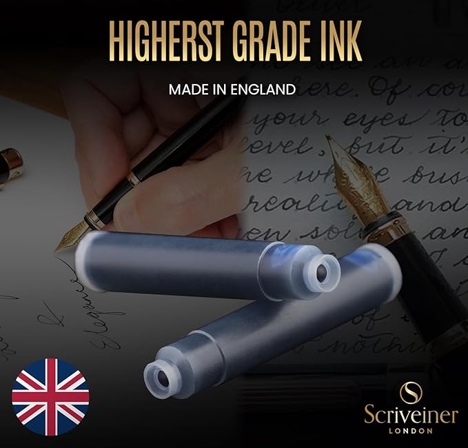 Scriveiner Fountain Pen Ink Cartridges - Blue - 20 Standard International Ink Cartridges, Made in UK, The Best Cartridge for Your Scriveiner Pen, Refill Size Fits A Wide Range of Fountain Pens