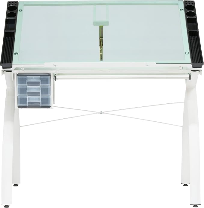 SD STUDIO DESIGNS Futura Craft Station 38" W Drawer and Built-in Pencil Ledge-Tilt Top Drafting Table, Glossy Sage/Clear Glass