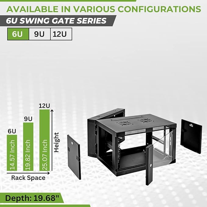 NavePoint 6U Server Cabinet with Hinged Back - 25.5” Deep, 6U Server Rack Enclosure with Locking Glass Door, Wall Mount Rack with Removable Side Panels, 6U Network Cabinet with 2 Fans, Pre-Assembled