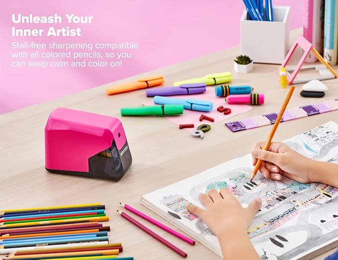 Bostitch Office Battery Pencil Sharpener, 4X Longer Cutter Life, Tip Saver Technology, Pink