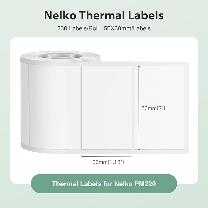 Thermal Labels for Nelko PM220 Label Maker, 2'' x 1.18'' (50x30mm) Thermal Sticker Label, Waterproof, Multi-Purpose Label Tape, 1 Roll of 230 Self-Adhesive Thermal Paper (White)