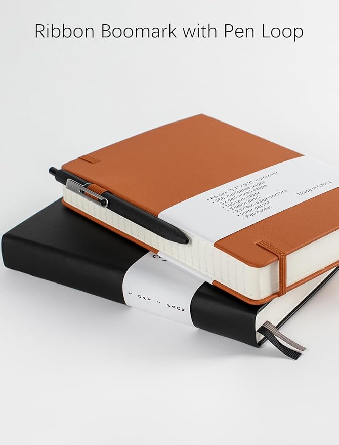 Thick College Ruled Notebook with 366 Numbered Pages, A5 Journals for Writing with 100GSM Lined Paper, Hardcover Leather Notebooks for Women Men School Note Taking Office Work Diary, 5.7"x8.3" Brown