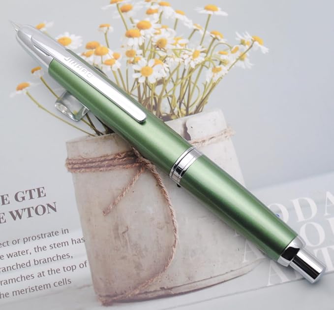 JINHAO 10 Press Fountain Pen, Retractable Metal Pen with Ink Converter (F Nib 0.5mm, Light Pine Green)