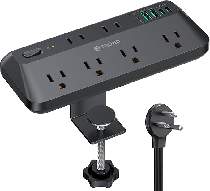 TROND 20W USB C Desk Clamp Power Strip - 1700J Surge Protector with 7 Outlets, Desktop Edge Mount Extension Cord, Fit 1.97" Tabletop, 6FT Flat Plug for Teacher Must Haves, Office, ETL List, Black
