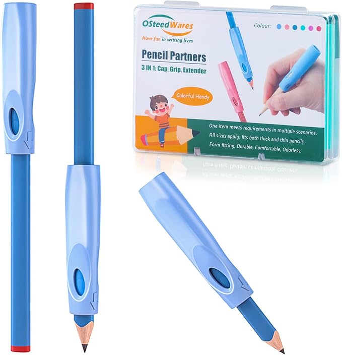 Ergonomic Pencil Grip, Extender & Cap 3 in 1, Silicone Pencil Partners Pack of 6 Pcs for Kids and Adults Handwriting