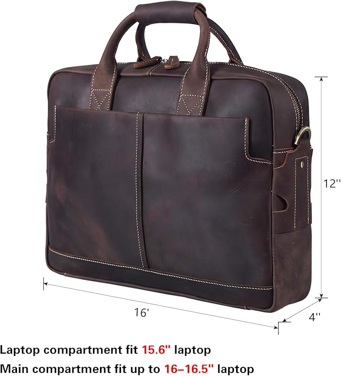 Polare Leather Briefcase for Men Business Travel Messenger Bags 15.6 Inch Laptop Bag YKK Metal Zipper