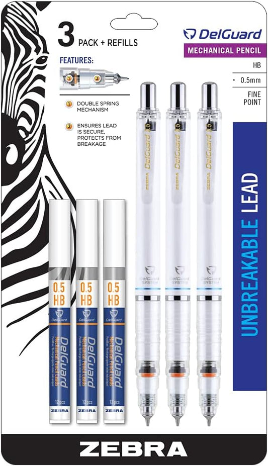 Zebra Pen DelGuard Mechanical Pencil, Fine Point, 0.5mm, White Barrel, Lead Refills, Refillable, 3-Pack (58613)