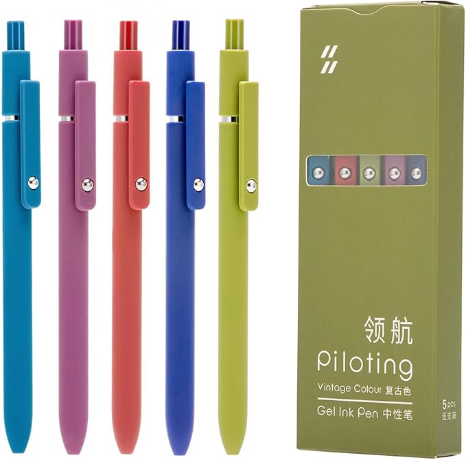 5PCS Assorted Colors Retractable Gel Pens Set, Quick Dry Black Ink Fine Point Roller Ball Gel Ink Pen for Smooth Writing (Vintage Color)