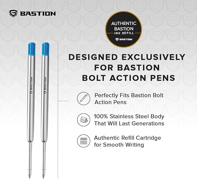 BASTION® Premium Pen Refill, Deeply Pigmented Ink for All Bastion Bolt Action Luxury Pens, Standard Ink Refill with 0.55mm Fine Tip - Blue Gel, 2 PCs