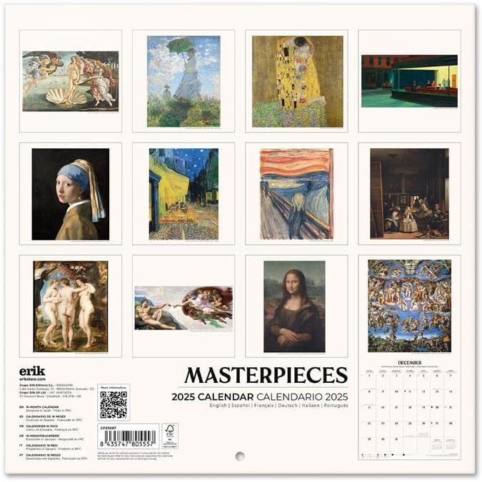 Art Masterpieces Wall Calendar 2025 12" x 12" FSC® Plastic Free - Starts Week On Sunday | Square Wall Calendar | Family Planner Calendar 2025 | Art Calendar 2025