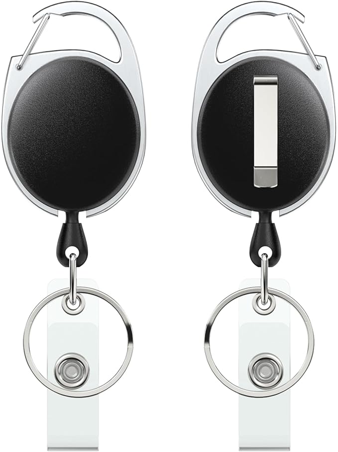 Uniclife 2 Pack Retractable Badge Reel for Badge Holder Heavy Duty Retractable Keychain Strong ABS Casing with Stainless Steel Spring Coil 24 Inch Nylon Rope Carabiner Clip and Key Ring