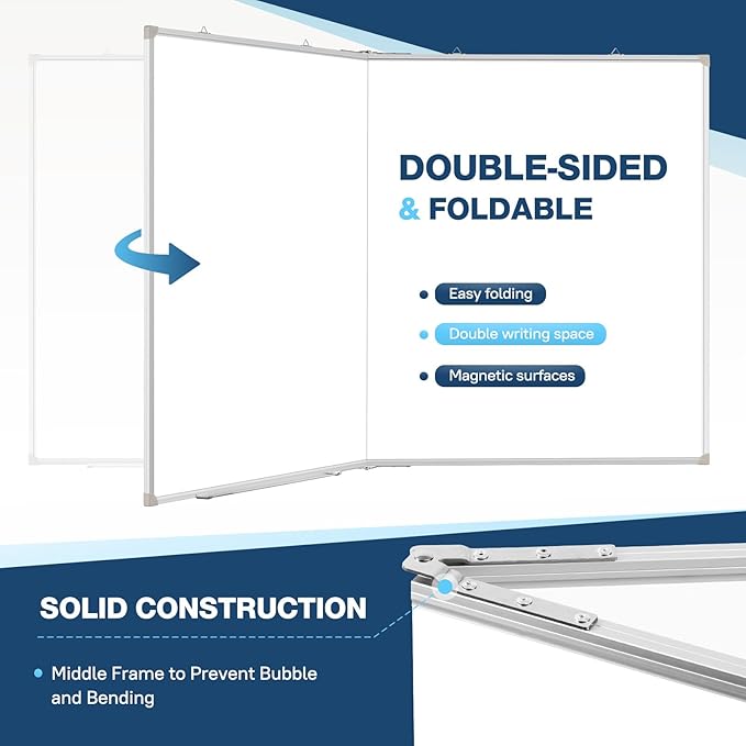 WALGLASS Large White Board Dry Erase Board, 60" x 40" Double-Sided Foldable Dry Erase Board for Wall, Magnetic Whiteboard for Office, Home, School, Kitchen