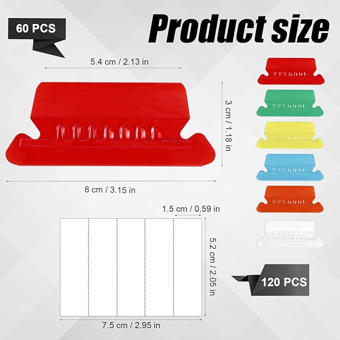 60pcs Folder Tabs & 120 Inserts, Multicolour Plastic File Folder Labels with Paper Inserts Hanging File Folder Tabs for Organize & Distinguish Hanging Files