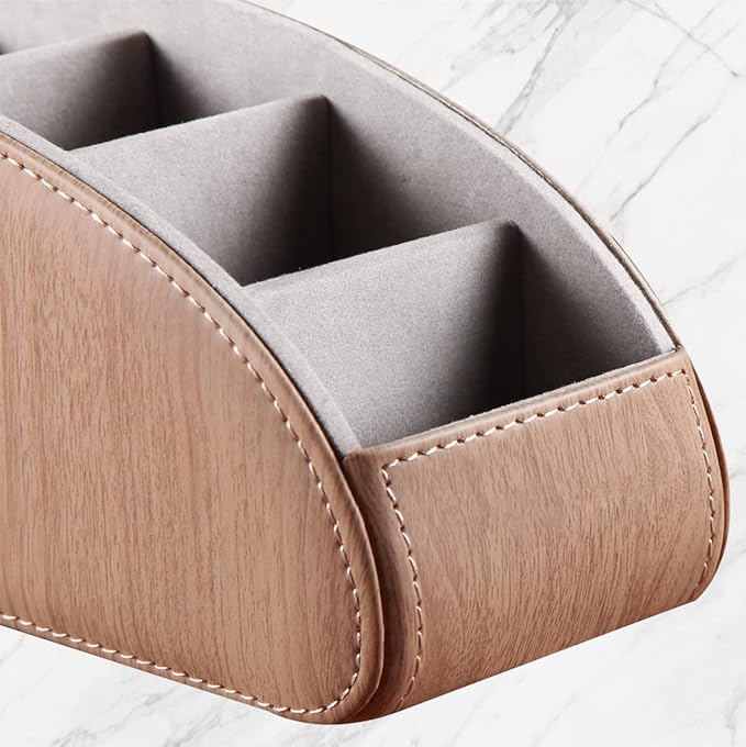 All-in-One Leather TV Remote Control Holder with 5 Compartments Nightstand Desktop Air Conditioner Media Player Remote Caddy Storage Box Organizer Tray For Makeup Brush Pen Stationary Table Controller