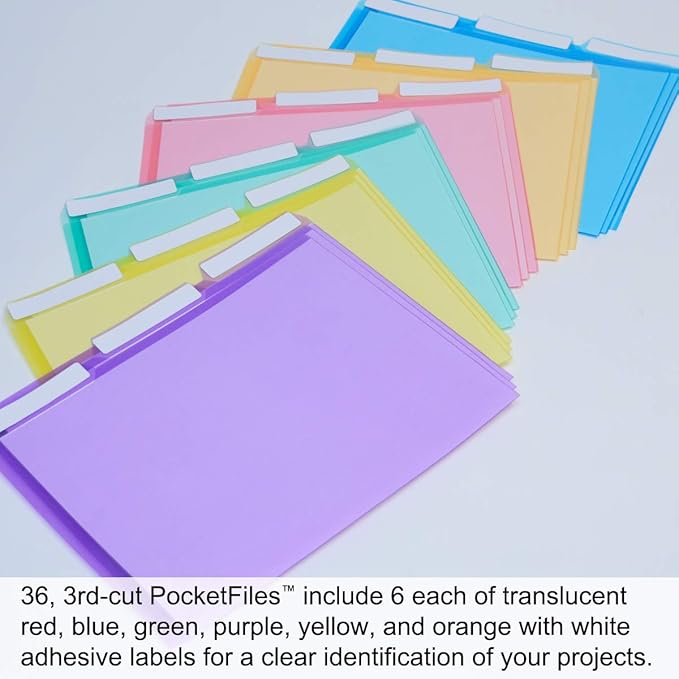 Ultimate Office PocketFile Clear Poly Document Folder Project Pockets, 3rd-Cut, Letter Size, in 6 Assorted Colors, Set of 36