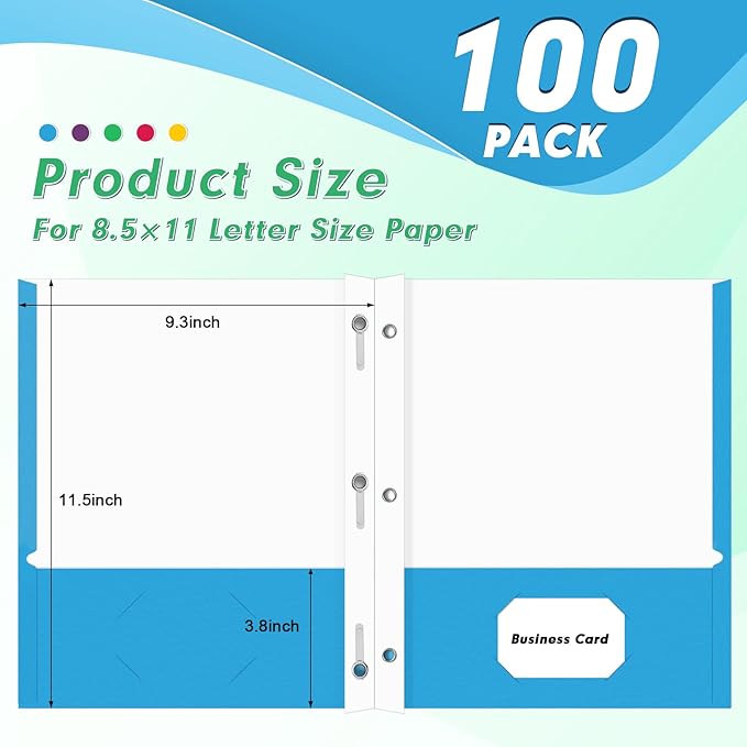 Two Pocket Folders, PANDRI 100 Pack Two Pocket Folders with Prongs, Designed for Office and Classroom, Assorted 5 Colors 2 Pocket 3 Prong Folders