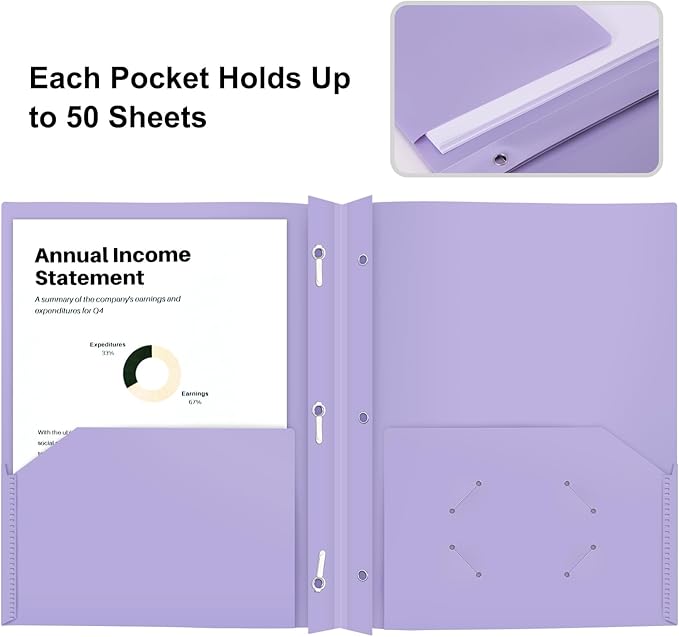ViVin 12 Pack Heaty Duty Plastic Folders, 2 Pocket Poly File Plastics Folders with 3-Prong Fasteners, Pastel Color Plastic Folder for Letter Size Sheet, School Folder Kids Folder (Light Purple)