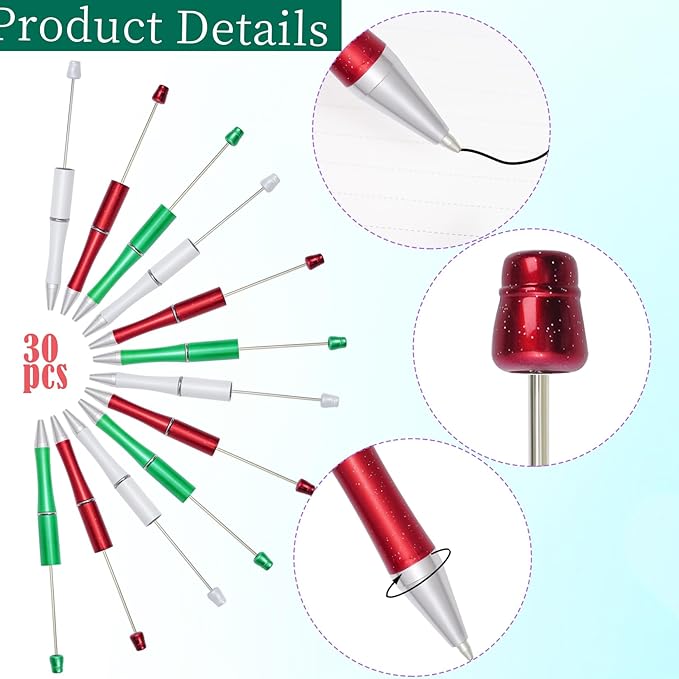 jiebor 30Pcs Christmas Beadable Pens Plastic Bead Pen Black Ink Ballpoint Pens DIY Pens Cute Cool Pens for Christmas Students Teacher Gift Office Supplies