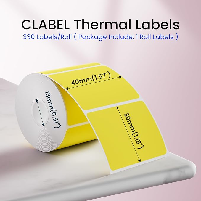 CLABEL Thermal Label 1.57'' x 1.18'' (40x30mm) Self-Adhesive Stickers for 220B/221B/230B Label Maker 330 Labels/Roll Black Text on Yellow Paper in Stronger Waterproof Tear-Resistant for Business Home
