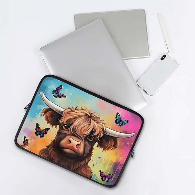 Highland Cattle Laptop Protective Sleeve for Women Men 13 inch Durable Computer Sleeve Neoprene Lap Top Case Portable Computer Carrying Case Suitable for Travel Office Pouch Butterfly