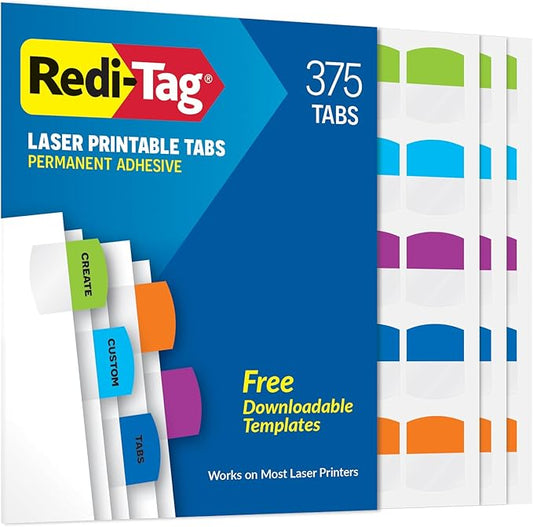 Redi-Tag Laser Printable Tabs, Permanent Index Tabs, Customizable Adhesive Labels, Assorted Tropical Colors, 1.125" x 1.25", 375 Per Pack (1006789)