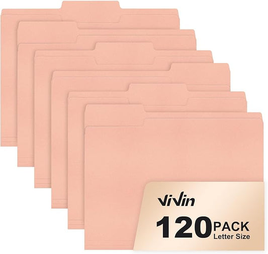 ViVin File Folders, Fits 8.5 x 11 Letter Size Paper, 1/3-Cut Tabs, 120 Pack Manilla Colored File Folders, Perfect for Home, Office, and School Documents File Paper(Pink)