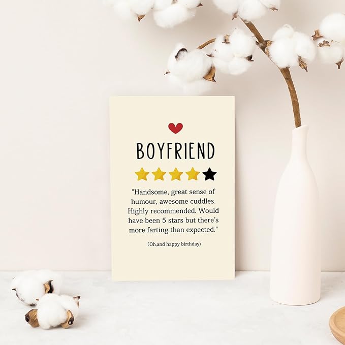 Funny Birthday Card for Boyfriend，Happy Birthday Cards Gifts for Men Him，Humorous 4-Star Review Bday Gift Card for Boyfriend，Romantic Birthday Gifts for Boyfriend from Girlfriend