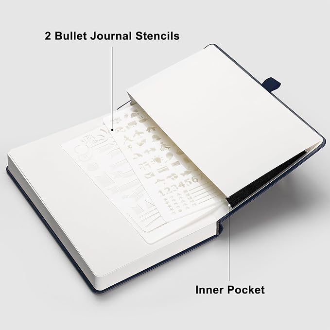 RETTACY Bullet Dotted Journal, A5 Dotted Notebook Journal with 192 Pages, 5.7'' × 8.3'', Medium Size, 100 GSM Thick Paper, Leather Hardcover, Bullet Journaling, Planning (Navy Blue)