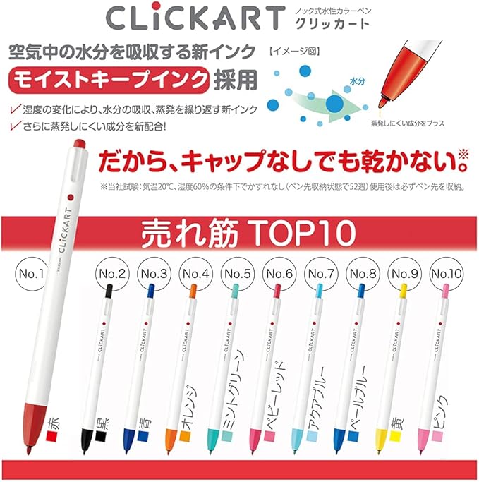 Zebra WYSS22-10C Water Based Pen, Clickart, 10 Color Set