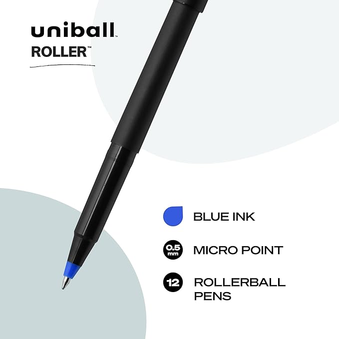 uni Roller Ball Stick Pens, 0.5 mm Micro Tip, Blue, Pack of 12