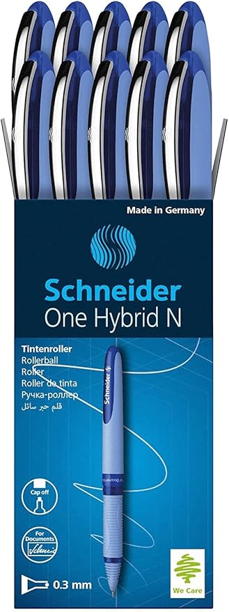 Schneider One Hybrid N Rollerball Pen, 0.3 mm Hybrid Needle Tip, Light Blue Barrel, Blue Ink, Box of 10 Pens (183403)