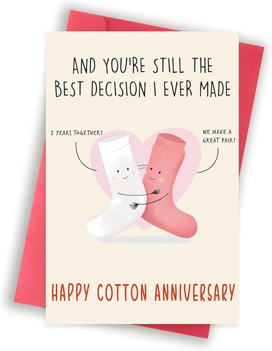 Happy 2nd for Him & Her, Funny 2nd Wedding Card for Women & Men, Cotton Anniversary Greeting Cards for Husband & Wife, Cute 2 Year Anniversary Decorations