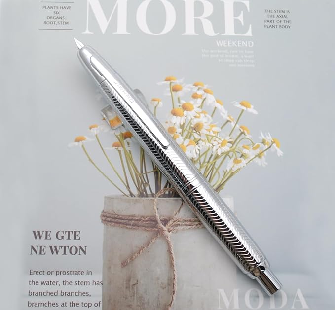 JINHAO 10 Press Fountain Pen, Retractable Metal Pen with Ink Converter (EF Nib 0.38mm, Wavy Texture Bright Silver)