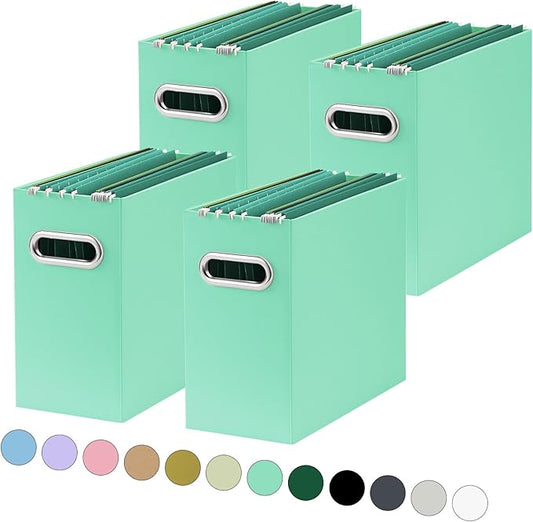 Oterri File Organizer, Small Storage Box, Cardboard File Folder Organizer, Collapsible File Box, Hanging File Organizer for Letter Size, Portable File Box with Handle, Only Box (Mint Green,4 Packs)