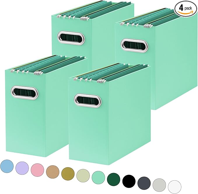 Oterri File Organizer, Small Storage Box, Cardboard File Folder Organizer, Collapsible File Box, Hanging File Organizer for Letter Size, Portable File Box with Handle, Only Box (Mint Green,4 Packs)